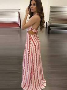 Đầm hai dây hở lưng in họa tiết hình học dành cho nữ, đầm dài dáng chữ A hở lưng khoét eo kiểu Bohemian, đầm vải dệt mùa hè dự tiệc thanh lịch - Đỏ - Xem 4