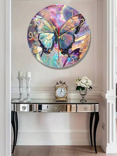 10/12-Inch Silent Wooden Wall Clock With Vibrant Butterfly Design - Battery Operated (AA), Modern Living Room And Bedroom Decor, Perfect Gift For Christmas, Halloween, Birthdays, And More, Gift Item|Vibrant Wall Clock|Silent Operation, Butterfly Decor