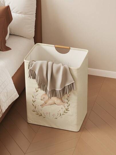 1 pieza Caja de almacenamiento plegable con estampado animal, cesta de lavandería plegable con asa de madera, cesto de almacenamiento plegable para ropa sucia para el hogar y el baño