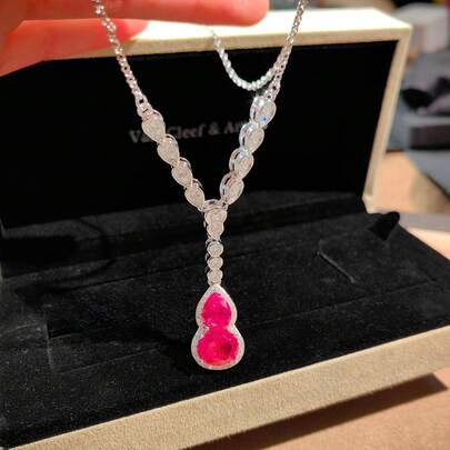 优雅复古鸽血红高碳氧化锆镀白金奢华时尚吊坠项链，女士款