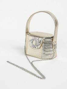 Luxury Gold Crocodile Pattern Mini Handbag With Rhinestone Buckle And Detachable Chain Crossbody Bag,Women's Metallic Gold Crocodile Embossed Mini Top Handle Bag With Rhinestone Accent And Detachable Crossbody Chain,Fashion Gold Crocodile Print Mini Purse With Sparkly Rhinestone Buckle For Party Daily Use - Gold - View 2