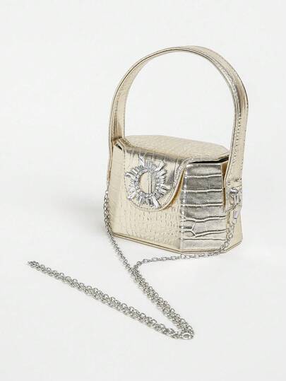 Luxury Gold Crocodile Pattern Mini Handbag With Rhinestone Buckle And Detachable Chain Crossbody Bag,Women's Metallic Gold Crocodile Embossed Mini Top Handle Bag With Rhinestone Accent And Detachable Crossbody Chain,Fashion Gold Crocodile Print Mini Purse With Sparkly Rhinestone Buckle For Party Daily Use