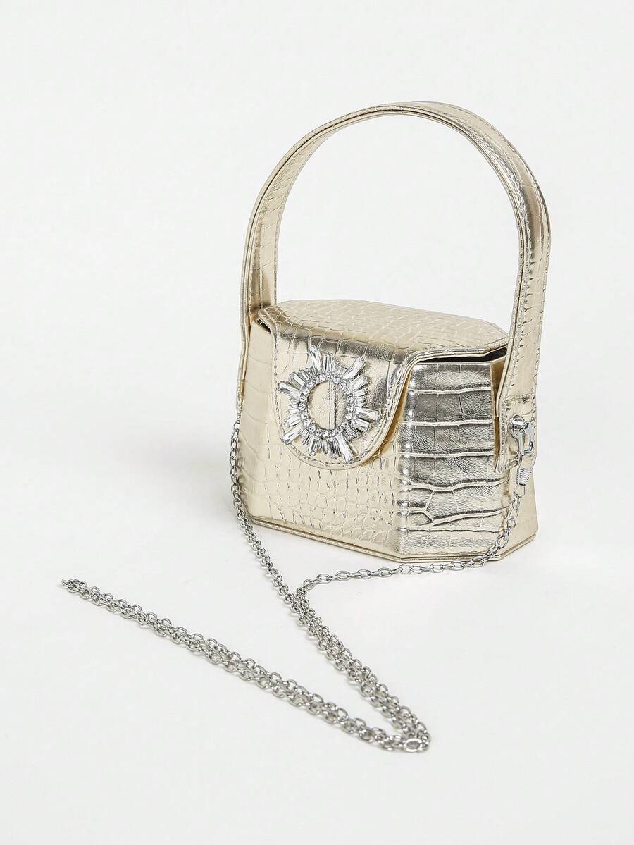 奢华金色鳄鱼纹迷你手提包，配水钻搭扣和可拆卸链条斜挎包；女士金属金色鳄鱼纹压花迷你手提包，饰有水钻，配可拆卸链条斜挎包；时尚金色鳄鱼纹迷你钱包，配闪亮水钻搭扣，适合派对和日常使用。 - 金色 - 查看 1