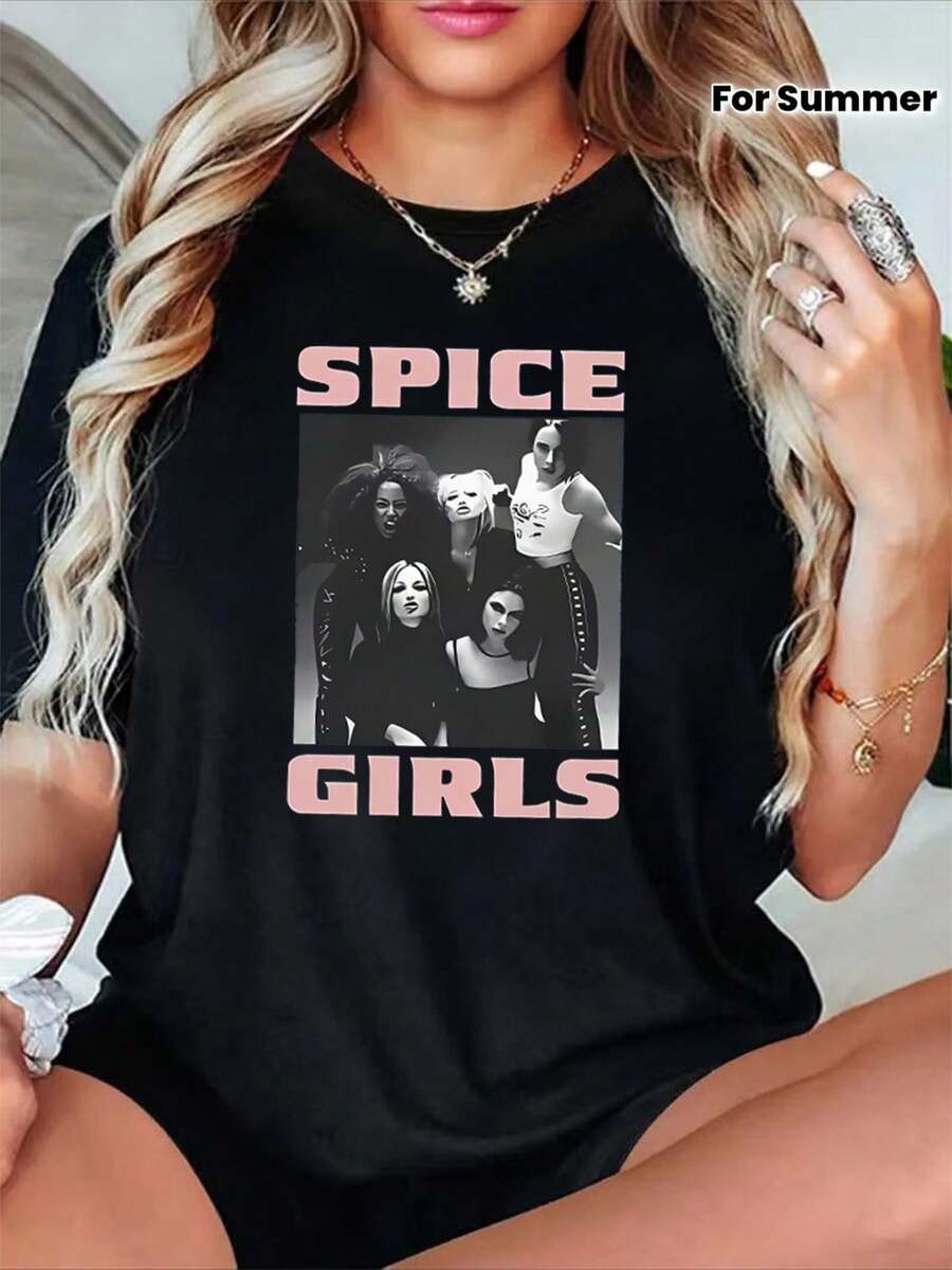 Plus Size-Funny Men's And Women's Round Neck T-Shirt Women's Fashion T-Shirt,Women's Spice Retro Band T-Shirt - Iconic 90s Group Logo & Member Portraits (Mel, Mel C, Emma, Geri, Mel G) - Oversized White Short Sleeve Casual Summer Tee For Nostalgic Pop Fans - 黑色 - 查看 1