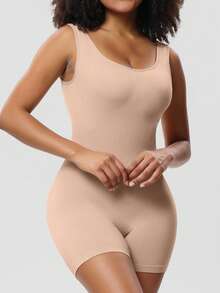 女士无缝塑身连体衣，包含一件塑身背心和一条塑身裤 - 杏色 - 查看 5