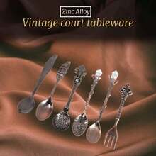 Exquisito juego de tenedores de cucharas retro, cubiertos nostálgicos tallados de estilo real para frutas, café, pasteles, postres, bocadillos dulces, etc. 6 piezas/juego(Bronce),41150693 - Azul - Ver 2