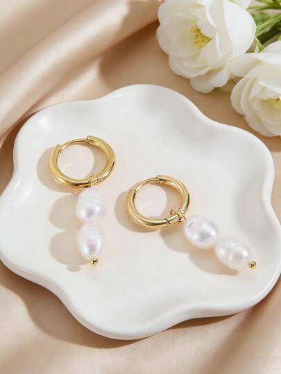 1 Pair French Elegant Gold Color Stainless Steel Pearl Earrings For Women High-Quality Fashion Charming Party Wedding Couple Jewelry Birthday Anniversary Gifts