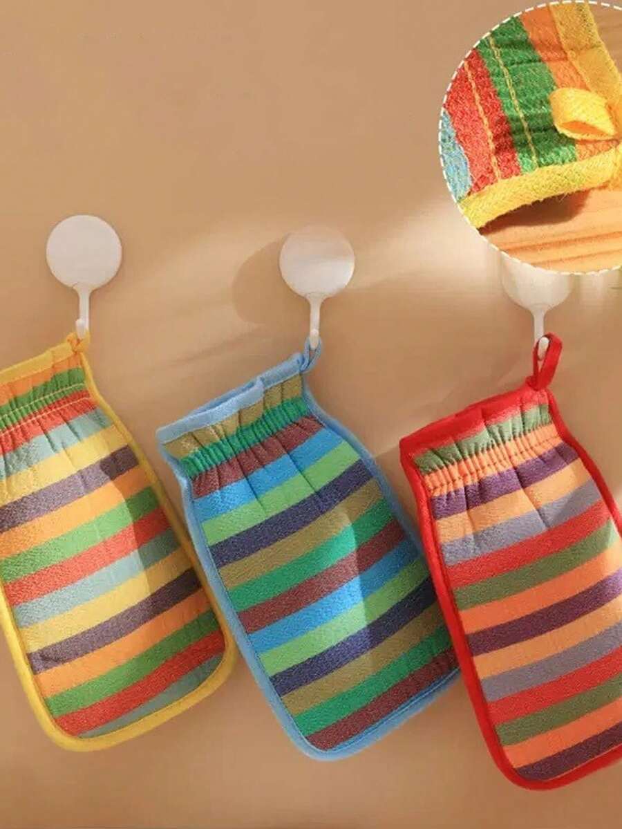 1pc Rainbow Striped Bath Towel, Exfoliating And Removing Dust, Thickened Bath Towel, Dust Removal Gloves, Bath Scrubbing Tool - Multicolor - View 1