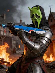 Ed Devil Latex Mask + Red Hooded Cape + Telescoping Golden Hand Prop Set - Halloween Demon Costume Kit For Adults - Multicolor - View 3