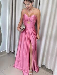 Women's Long Butterfly Dress, Strapless, Trilobal Fabric With Built-In Bra Cups | Party, Bridesmaid, Wedding, Graduation, Debutante | Adjustable Back, Sexy, Elegant, Party, Cutout/Cut, Asymmetrical Knot, Formal And Evening - 乾枯玫瑰色 - 查看 3
