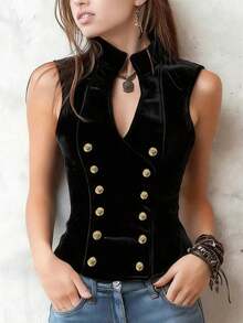 Navy Blue Retro Palace Style Vest - Double-Breasted Design, Made Of Soft And Comfortable Velvet Fabric, Ideal For Everyday Wear - 深藍色 - 查看 1