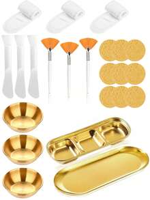 4-24件套美容面膜工具套装，包含不锈钢搅拌碗、托盘、玫瑰金分隔托盘，以及面膜混合和涂抹工具。套装包含3个玫瑰金搅拌碗、1个玫瑰金小托盘、1个分隔托盘、3个硅胶双头搅拌铲、3个扇形面膜刷、9个压缩洁面海绵和3个可调节发圈。适合派对、睡衣派对、SPA、送礼等场合。 - 彩色 - 查看 2