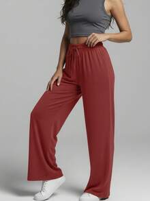 Women's Wide-Leg Sweatpants, High Waist, Faux Drawstring, Wide Waistband, Flare Leg, Comfortable Summer Style - 紅色 - 查看 4
