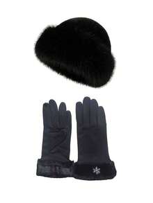 1 set élégant et luxueux de chapeau en fausse fourrure noire et de gants - avec des manchettes moelleuses et des détails de broderie de flocons de neige pour garder au chaud. Ensemble d'accessoires d'hiver pour les déplacements quotidiens et les rassemblements de vacances des femmes, Saint-Valentin - flocon de neige - Voir 15