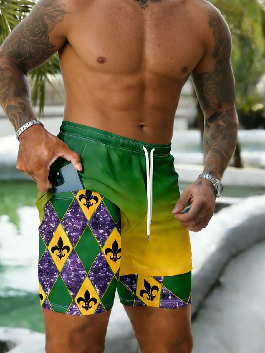 Men's Geometric Gradient Pocket Double-Layer Beach Shorts - Multicolor - View 1