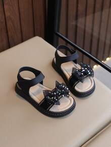 “女童公主蝴蝶结星星印花凉鞋 – 可调节踝带，柔软鞋垫，防滑厚底，可爱夏季休闲童鞋” - 黑色 - 查看 5