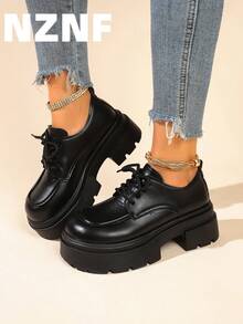 NZNF 1双纯色学院风休闲PU皮系带乐福鞋，棕色，厚底，适合所有季节 - 黑色 - 查看 9