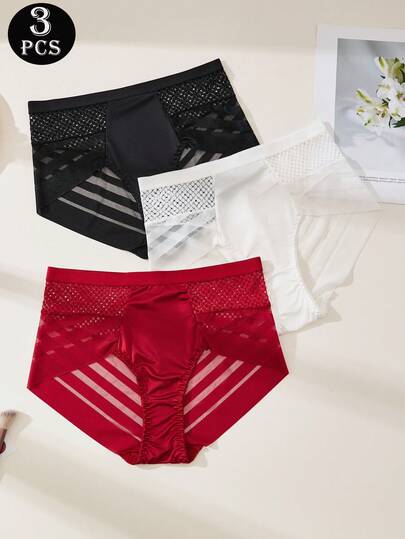 3条装缎面网纱拼接女士内裤，简约精致纯色日常三角内裤，高腰百搭内裤，性感网纱搭配精致蕾丝拼接，缎面面料，高级亲肤触感女士内衣。