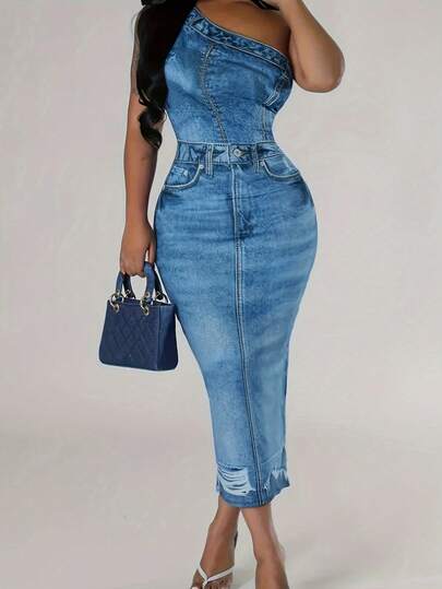 Spring & Summer Fashion Woven Denim Effect Elegant Casual Vacation Style Asymmetrical Shoulder Cinched Waist Maxi Dress