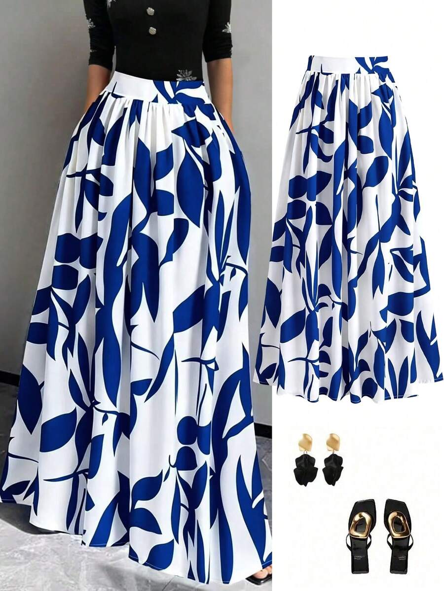 EARO Women's Floral Print High Waist A-Line Skirt, Summer Holiday Skirt Vacation Spring - Blue - View 1