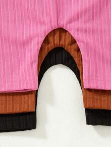 3pcs/Set Jumpsuit Camisole Bergaris Warna Polos Kasual Slim Fit untuk Anak Perempuan - Hot Pink - View 4
