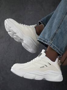 新款春夏男士圆头系带厚底运动鞋，时尚街头风休闲运动鞋 - 米色 - 查看 5