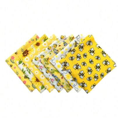 7片可爱蜜蜂图案布料套装，每片尺寸为9.8*9.8英寸，包含蜜蜂、雏菊、花朵主题图案，预裁切拼布方块，适合DIY手工和装饰，涤纶拼布组合，是制作手工饰品袋和小物件的必备之选，扇形边布料套装，非常适合制作杯垫/桌布/小袋子。