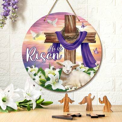 他已复活复活节装饰木制花环，可作前门标志、十字架标志、门墙标志、绵羊基督教耶稣百合花挂饰，适合春季家居农舍派对门廊装饰