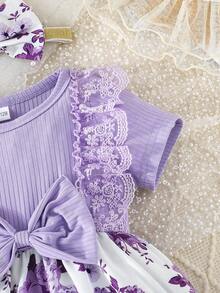 2pcs/Set Toddler Girls' Butterfly & Flower Lace Trim Sleeveless Dress + Headband, Fashion Holiday Party Outfit, Spring/Summer - Purple - View 4