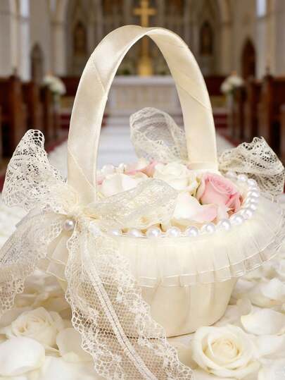 Champagne Lace Flower Basket With Bow & Faux Pearl, Satin Flower Basket Suitable For Wedding Party Decor, New Year Gift, Decorative Present