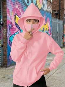 Mũ trùm đầu dài ngoại cỡ, có thể che cả mặt và đầu, áo khoác nỉ có mũ hai khóa kéo dành cho nữ với túi, lót giữ nhiệt ấm áp, thích hợp cho mùa thu/đông/xuân, phù hợp cho kỳ nghỉ/trường học/nhà/hàng ngày/đường phố/chụp ảnh thường ngày. - Màu Hồng baby - Xem 3
