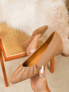 Giày đế xuồng thời trang xếp ly bằng da lộn màu nâu bóng dành cho nữ, mũi vuông đa năng. - màu nâu - Xem 1