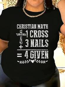 Women's Christian Faith Math T-Shirt | Cross And Nails Design With Equation (1 Cross + 3 Nails = 4 Known) - Casual Short-Sleeve T-Shirt With Soft, Stretchy Crew Neck - Opaque Fabric That Is Not See-Through - Suitable For All Seasons - Ideal For Church - 黑色 - 查看 7