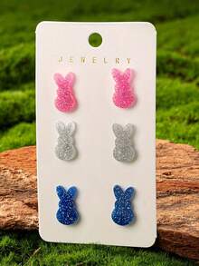 3对亚克力可爱兔子复活节快乐耳环套装（女士款） - 彩色 - 查看 5