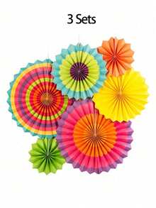 6pcs Colorful Paper Fans, Hanging Decor. Round Pattern Paper Wreath Decorations, Suitable For Holiday Parties, Birthday Celebrations, Weddings, Gender Reveal Parties, Carnivals, Circus Parties, And Home, Room, Wall Decor Or Graduation Gifts. - Multicolor - View 10