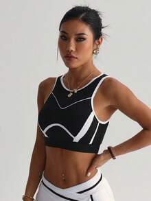 女士黑白时尚圆领可拆卸衬垫运动针织文胸 - 黑與白 - 查看 5