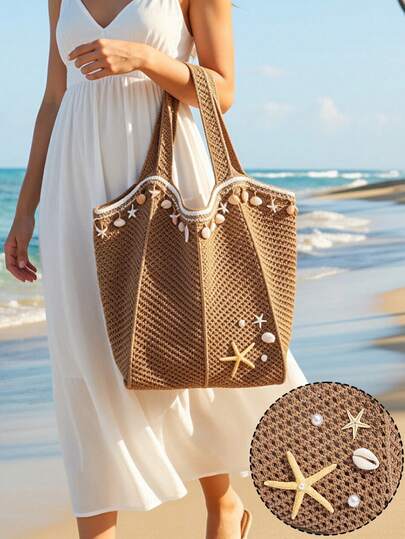 1pc Tropical Ocean Beach Resort Style Woven Hollow Khaki Women Shoulder Tote Bag,With Starfish, Conch,Pearl Accessories And Handmade Seashell Fabric Strips,Crochet Knit Hollow Design,Casual Shopping Beach Hand-Held Woven Bag,Bohemian Knitted Crochet Shoulder Bag, Large Capacity , Lightweight & Breathable,Beach Bag,Perfect For Beach Vacations And Casual Outings,Everyday Use Aesthetic