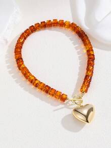 1件时尚亚克力串珠项链，男女皆宜的波西米亚风海滩度假心形吊坠粗项链，适合作为礼物、度假、婚礼服饰 - 金色 - 查看 18