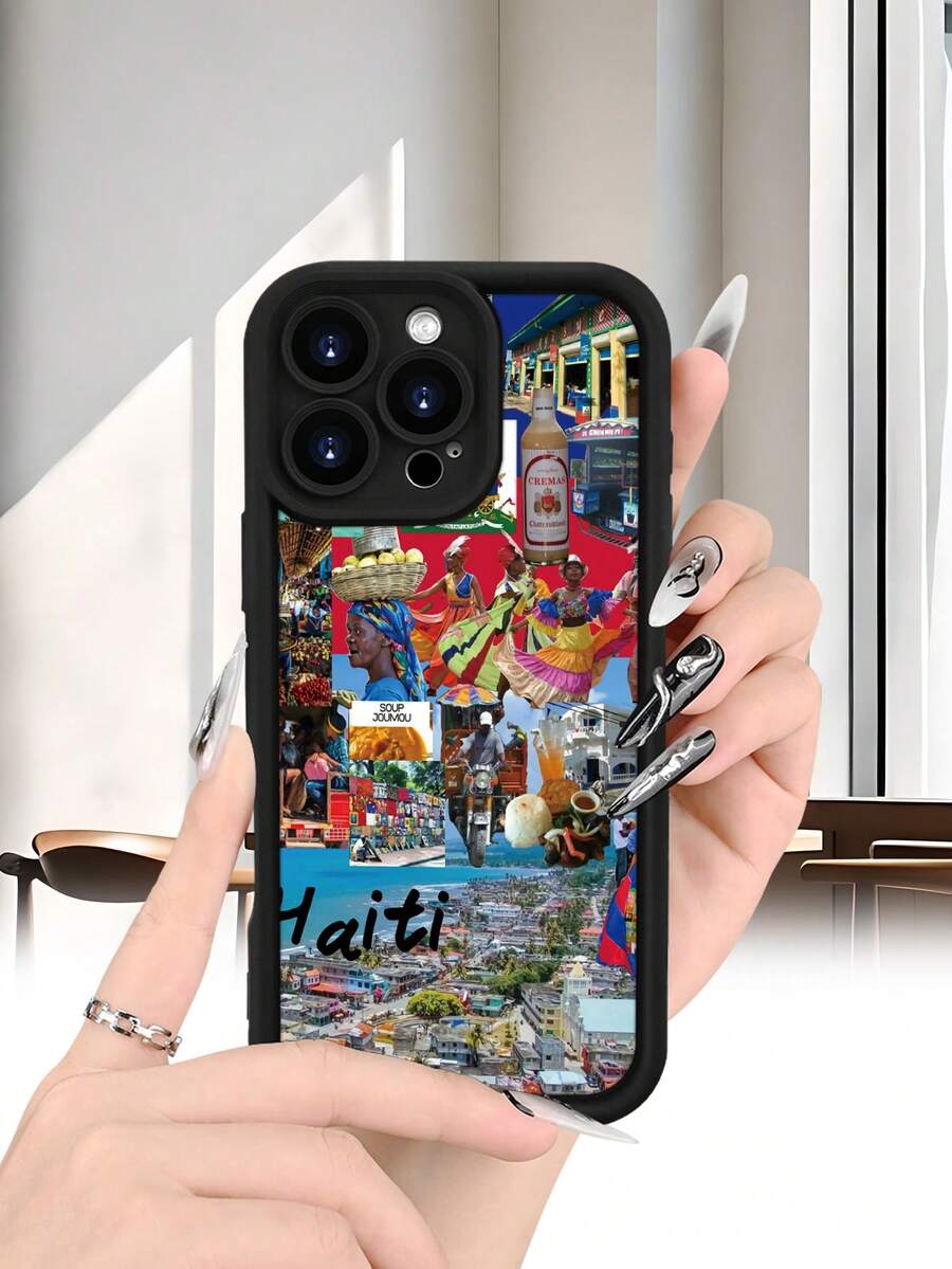 Hot Selling Haiti Collage Pattern Fashionable Men's And Women's Anti Drop Phone Case, Suitable For IPhone 17/17PRO/17AIR/17PROMAX/16E/16/16PRO/16PLUS/16PROMAX/15/15PROMAX/14/14PLUS/14PROMAX/14PROMAX/13/13PROMAX/12/11( Birthday Gifts, Easter Gifts, Valentine's Day Gifts For Internet Celebrities, Given To Friends, Girlfriends, Boyfriends, And Family - Black - View 1