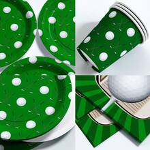 高尔夫主题一次性餐盘、餐巾纸、杯子套装，包含餐盘、餐巾纸和杯子，适合10位客人使用，一次性纸盘，派对餐具，适用于生日、婚礼、聚会、家庭野餐等场合。 - 彩色 - 查看 3