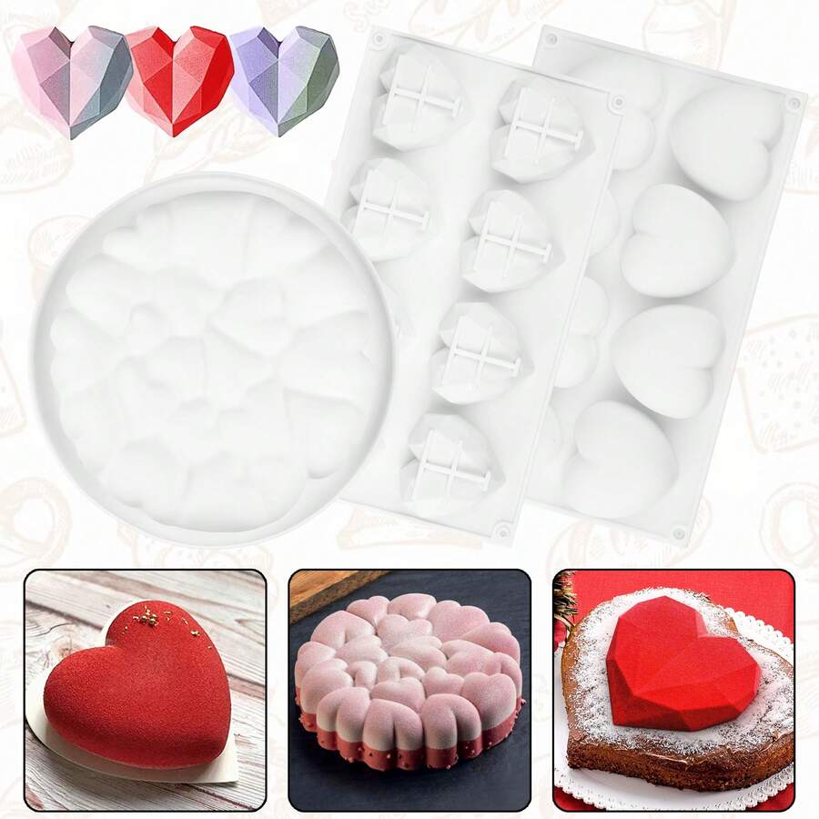 3D钻石心形硅胶模具，几何心形巧克力模具，DIY冰淇淋、蛋糕、甜甜圈、冰棒、慕斯、糖果，情人节礼物 - 彩色 - 查看 1