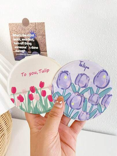 1/2pcs Cute Tulip Flower Desktop Makeup Mirror, Foldable Round Mini Handheld Mirror, Portable Pocket Mirror For Travel, Adjustable Height Desktop Makeup Mirror, Birthday Gift For Female Friends, Holiday Gift