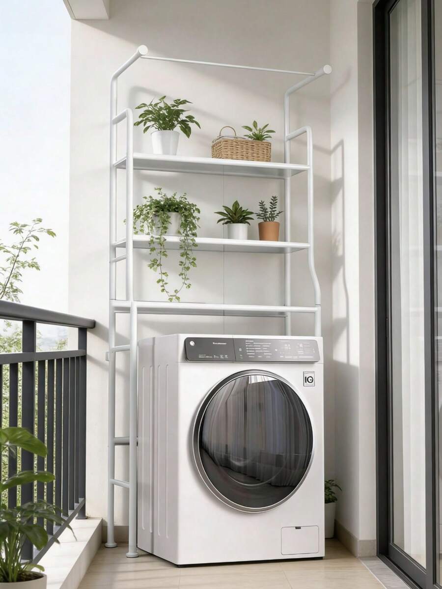 Giá phơi đồ ba tầng bằng kim loại này bao gồm cả giá treo khăn và có thể chứa máy giặt và bồn cầu. Các kệ chứa đồ được bố trí phía trên máy giặt và máy sấy, giúp tiết kiệm không gian và sắp xếp đồ đạc. - trắng - Xem 1