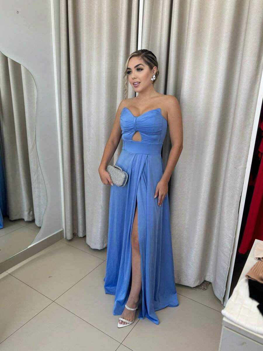 Women's Long Butterfly Dress, Strapless, Trilobal Fabric With Built-In Bra Cups | Party, Bridesmaid, Wedding, Graduation, Debutante | Adjustable Back, Sexy, Elegant, Party, Cutout/Cut, Asymmetrical Knot, Formal And Evening - 寧靜藍 - 查看 1