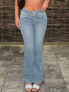 Fashionable & Elegant Minimalist Women's Double-Breasted Slim Fit Flare Leg Jeans, Slimming - 中等水洗 - 查看 2