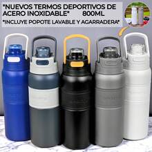Botella Deportiva De Acero Inoxidable Con Agarradera, PYA-15, Vaso para gym, Termo térmico de acero inoxidable, Vaso con tapa aislante, Termo portátil con agarradera, Botella deportiva con excelente diseño y estilo, botella aislante, capacidad de 800 ml, - Verde Oscuro - Ver 4