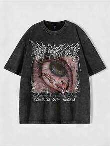 Camiseta lavada con estampado de ojo delicado para hombre con estilo punk gótico, estilo de Halloween, estilo de los 2000 - Negro - Ver 1