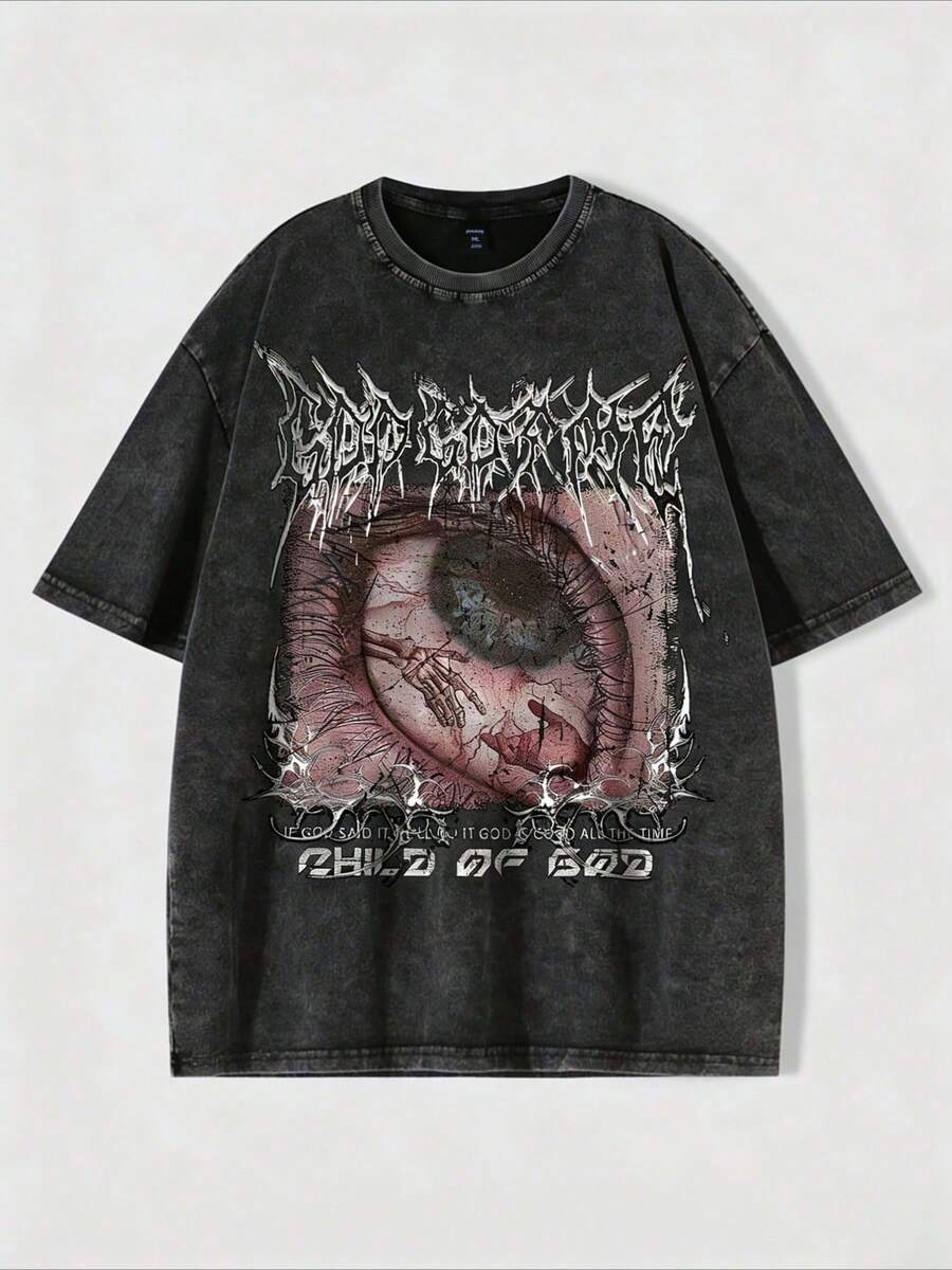 Camiseta lavada con estampado de ojo delicado para hombre con estilo punk gótico, estilo de Halloween, estilo de los 2000 - Negro - Ver 1