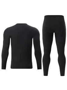 2pcs/Set Men's Fashion Autumn Thermal Underwear Set, Includes Pullover And Long Pants, Fall / Winter - Black - View 2