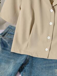 Women's Casual Fashion Beige Short Shirt, Regular Hem, Woven Fabric, Short Sleeve For Summer, Button Front Top - Khaki - View 5